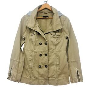Hurley Double Button Front Tan Olive Twill Hooded Utility Jacket Zip On Hood